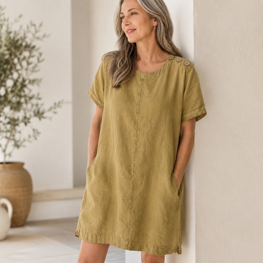 Pure Jill J Jill Women Lyocell Dress Mustard Yellow Button Shoulder Petite Small